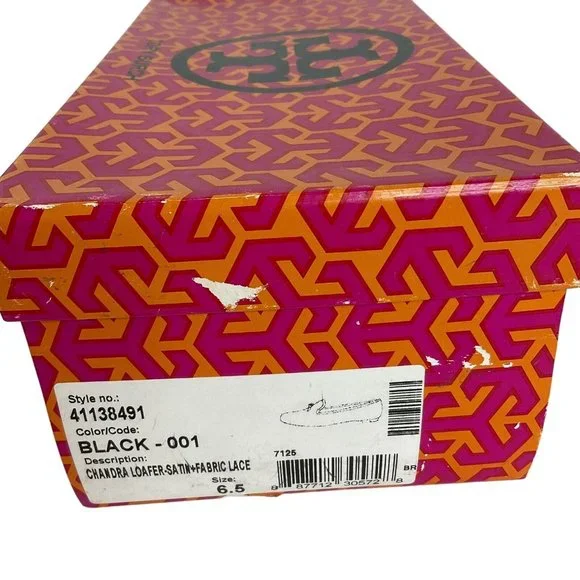 Tory Burch Shoes Womens Sz 6.5 Blk Chandra Loafer Satin + Fabric Lace Flat - Picture 15 of 16